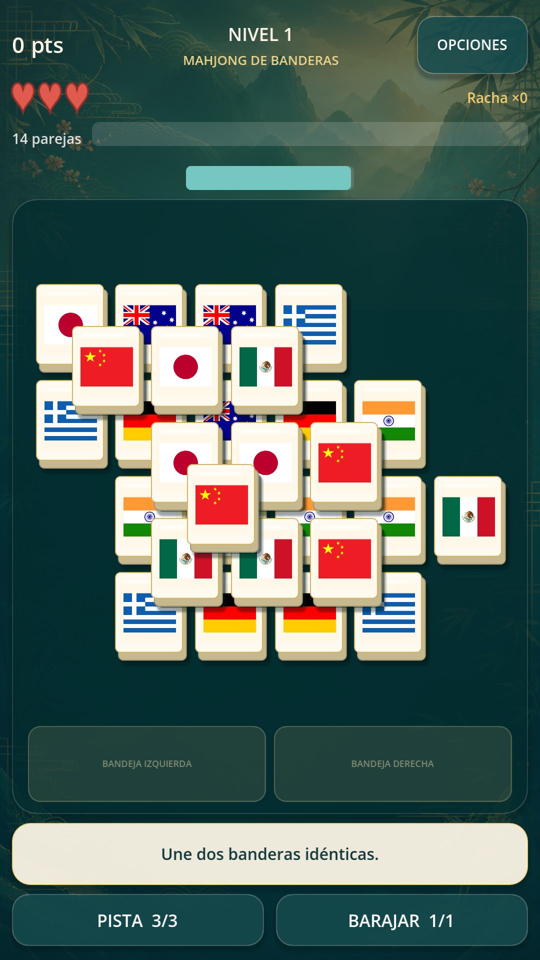 Tablero de mahjong con fichas de banderas
