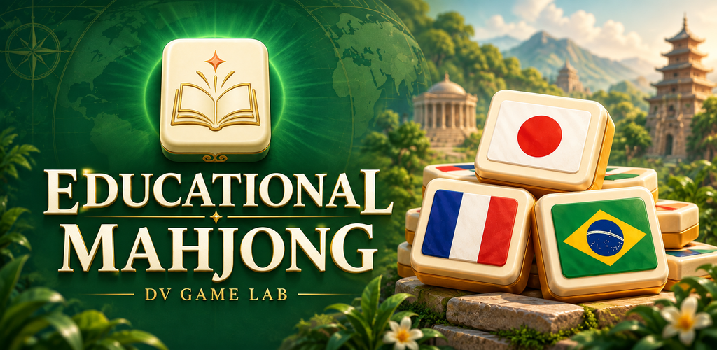 Educational Mahjong de DV Game Lab: fichas de banderas sobre un paisaje verde
